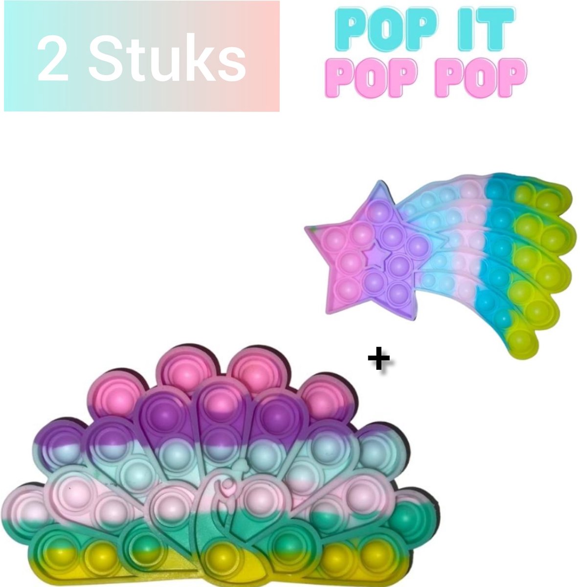 Fidget toys Set | 2 stuks Pop it Regenboog Multi Color | Pauw + Vallende Ster | Anti stress 2021 | Van Tik Tok | Meisjes jongens volwassenen | Verjaardag of Kerst cadeautip